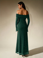 PARTHEA NewAsia Women's Bell Sleeve Off Shoulder Sequin Long Dress Backless Double Layer Club Party Sparkling Mesh Maxi Dresses Brown - Dark Green