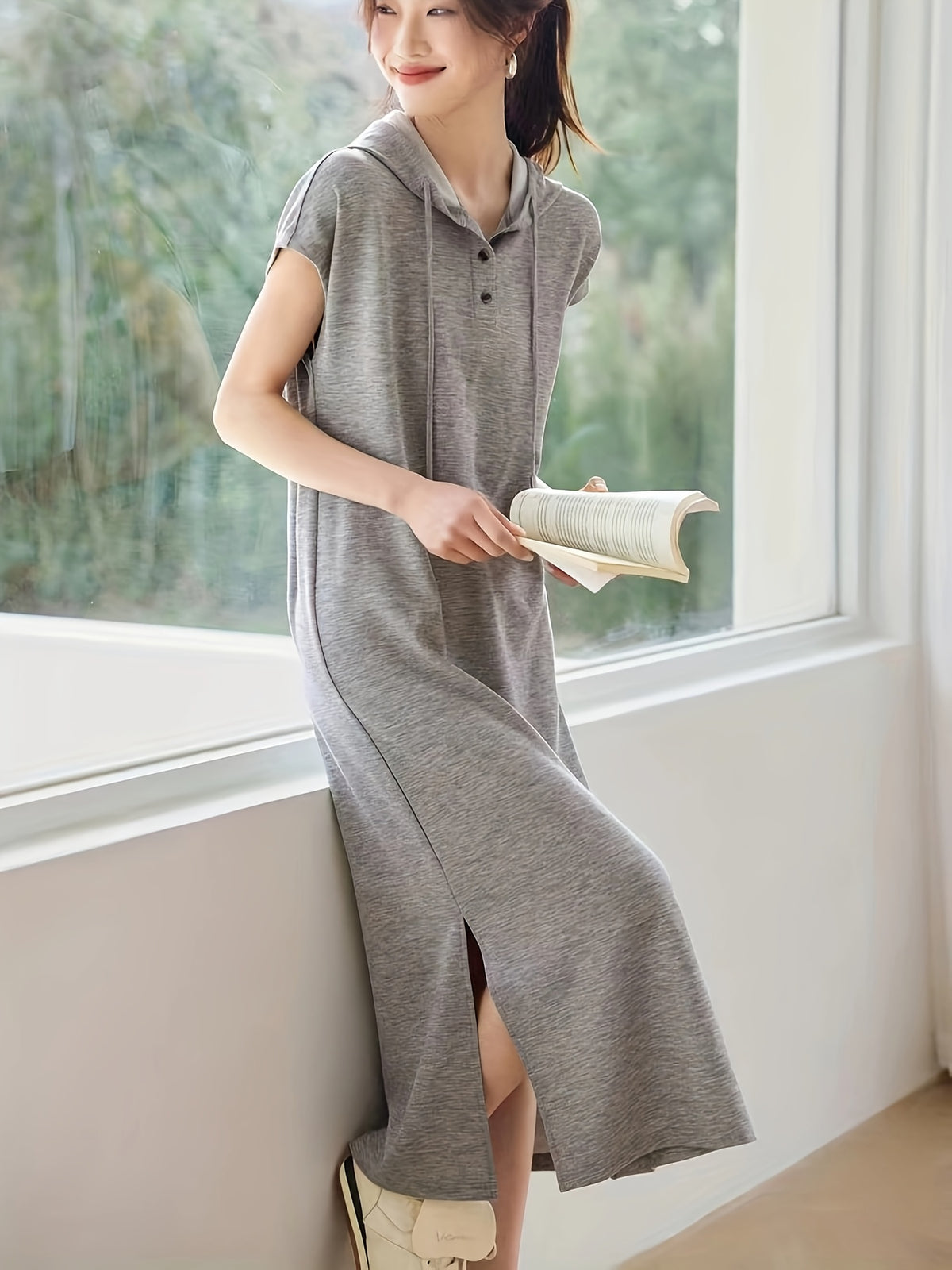Casual Versatile Drawstring Hooded Loose Dress - Grey