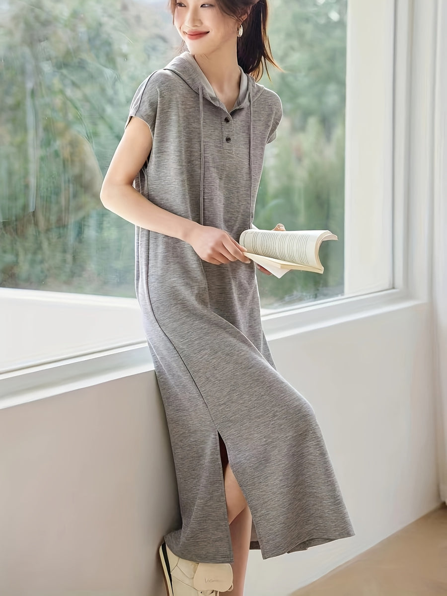Casual Versatile Drawstring Hooded Loose Dress - Grey