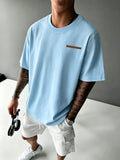 Men's Trendy Short-Sleeve T-Shirt with Minimalist Brown Long Strip Logo Print on the Chest, Crew Neck Top for Daily Wear - Light Blue