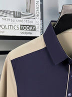 Men's Summer Lapel Polo Shirt - Contrast Color Short-Sleeve T-Shirt with Lapel Collar & Asymmetrical Hem, Breathable Business Casual Top Suitable for Work, Office, Semi-Formal Wear, Machine Washable Regular Fit - Navy Color