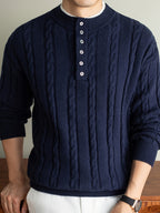 Men's 2-in-1 Look Henley Neck Cable Knit Sweater, Suitable for Commuting and Daily Wear, Ideal for Wearing Alone in Spring and Autumn, or as a Layering Piece in Winter. -SINBOS - Navy Color