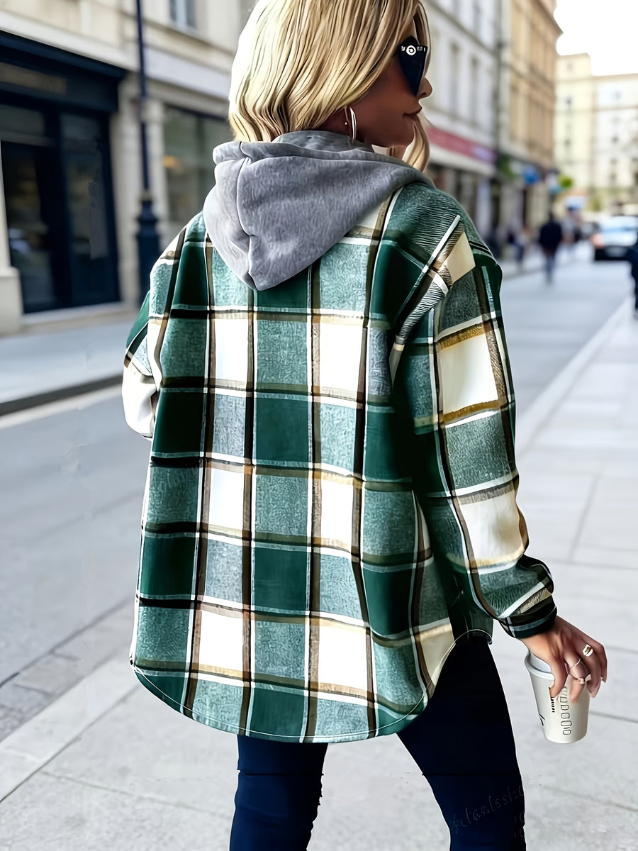 Women's Autumn/Winter Loose Plaid European/American Style Hooded Casual Top Jacket - Green Plaid