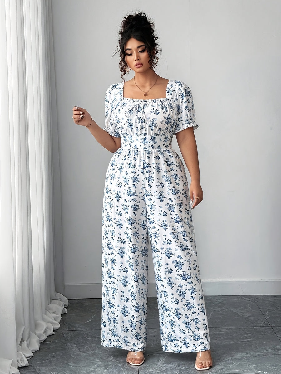 Women'S Summer Stylish Floral Print Square Neck Tie-Front Lantern Sleeve Back Jumpsuit - White