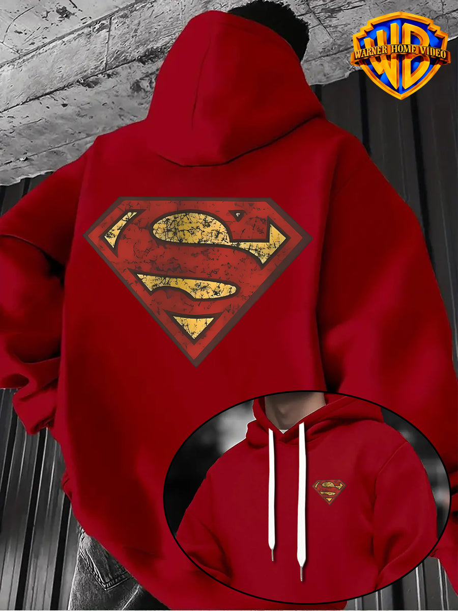 WB Warner Bros Official Superman Vintage Hoodie - Men's & Unisex Distressed Shield Logo Sweatshirt with S-Shield Back Print, Adjustable Hood, Loose Fit, Double-Sided Iconic WB Logo & Superman Emblem for Casual Wear, Machine Washable Warmth - Red