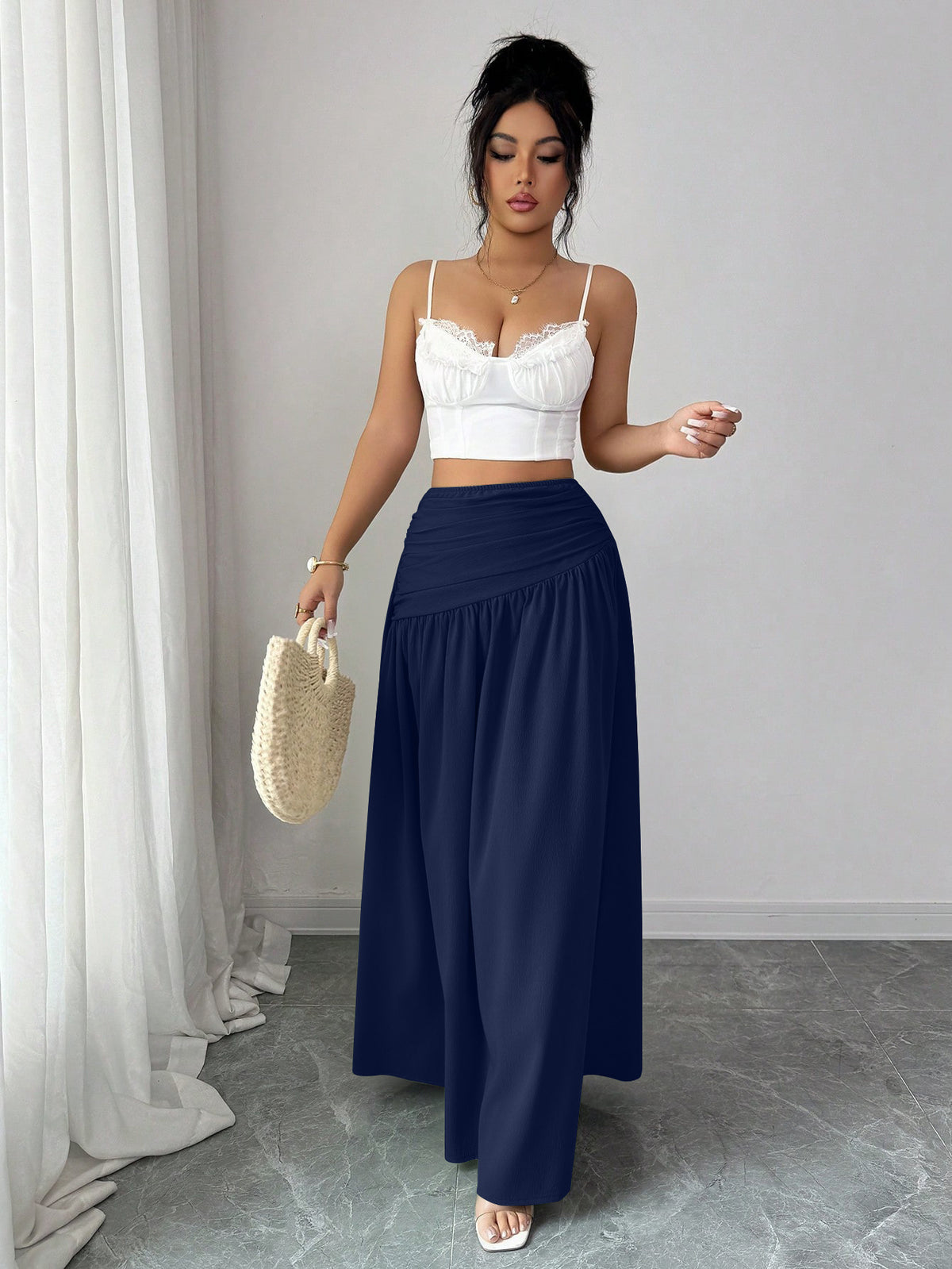 Women'S Casual Pleated Solid Color Skirt, Romantic Holiday Style, Elegant Design, Versatile Fashion, Ideal Choice for Women in Back-To- Season, Spring And Summer - Navy Color