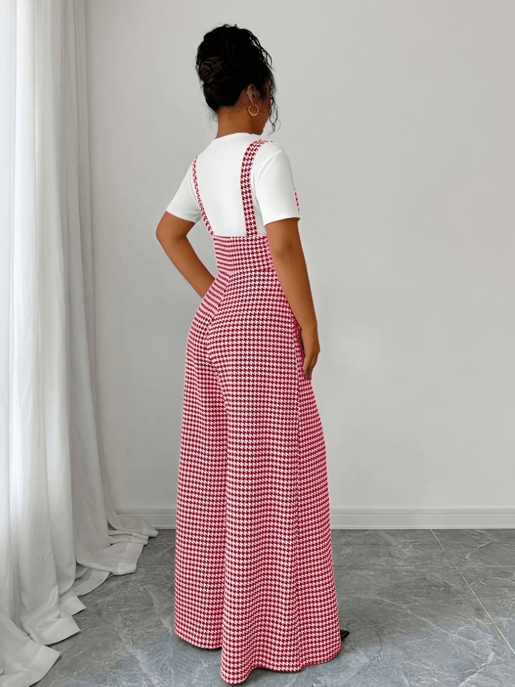 Elegant Women'S Houndstooth Camisole Straight Wide-Leg Suspender Pants, Retro Casual Overalls, All-Season Versatile for Fall And Winter - Pink