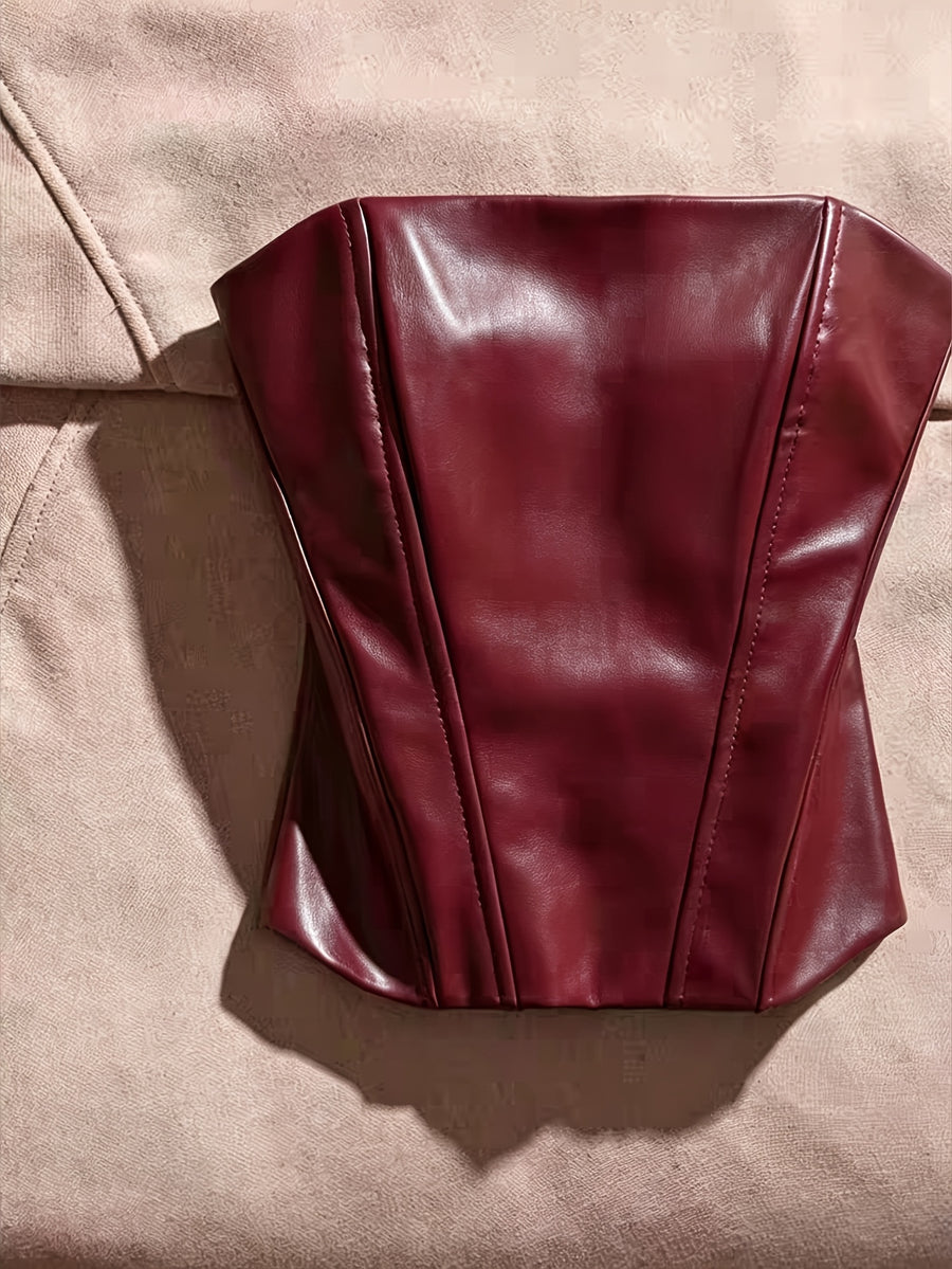 French-Style Slim-Fit Fishbone Design Sexy Off-Shoulder Crop Top, Wearable as Outerwear or Innerwear, Y2K Sexy Style, Music Festival Outfit, Pure Desire Street Fashion, Sexy Outfit, Suitable for Valentine's Day Parties, Dates, and Evening Events - Burgundy