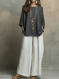 Bohemian Spring Summer New Loose Elegant Color-Block Set Women'S Round Neck Short Sleeve Solid Top And High-Waist Wide-Leg Pants 2pcs Set Western Casual Vacation Suit - Grey