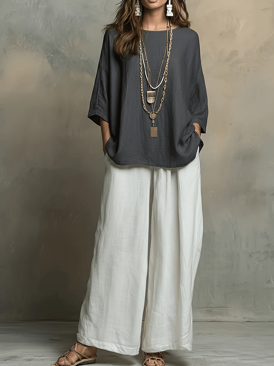 Bohemian Spring Summer New Loose Elegant Color-Block Set Women'S Round Neck Short Sleeve Solid Top And High-Waist Wide-Leg Pants 2pcs Set Western Casual Vacation Suit - Grey