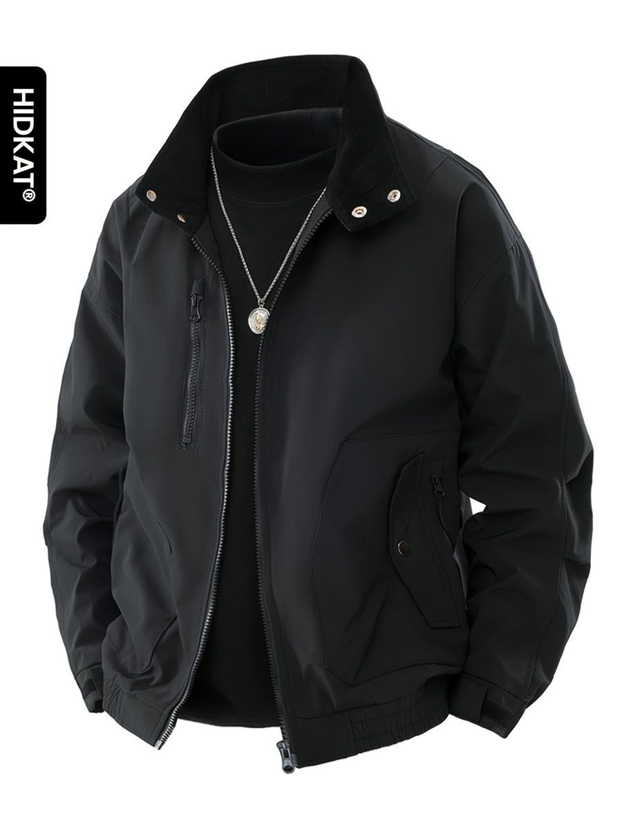 HIDKAT Men's Bomber Jacket with Contrast Collar & Zipper Pockets - Windproof Relaxed Fit Bomber Jacket Suitable for Streetwear, Aviation-Themed Outerwear, Machine Washable Zipper Closure Jacket with Stand Collar (No Transparency) - Black