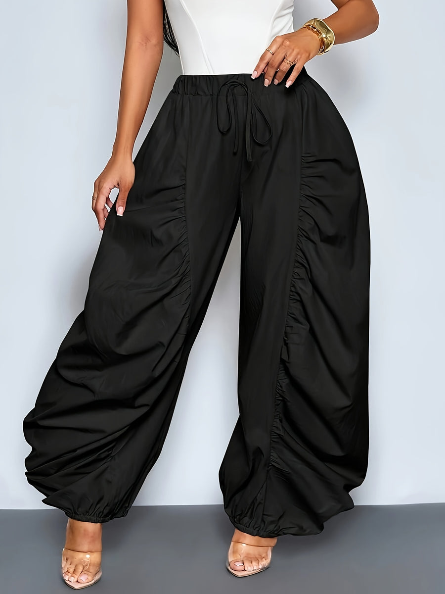 Women'S Fashion Solid Color Loose Casual Trousers, Pleated Design with Elastic Waistband, Wide-Leg Style, All-Season Versatile for Casual Wear Zzy Spring Summer - Black