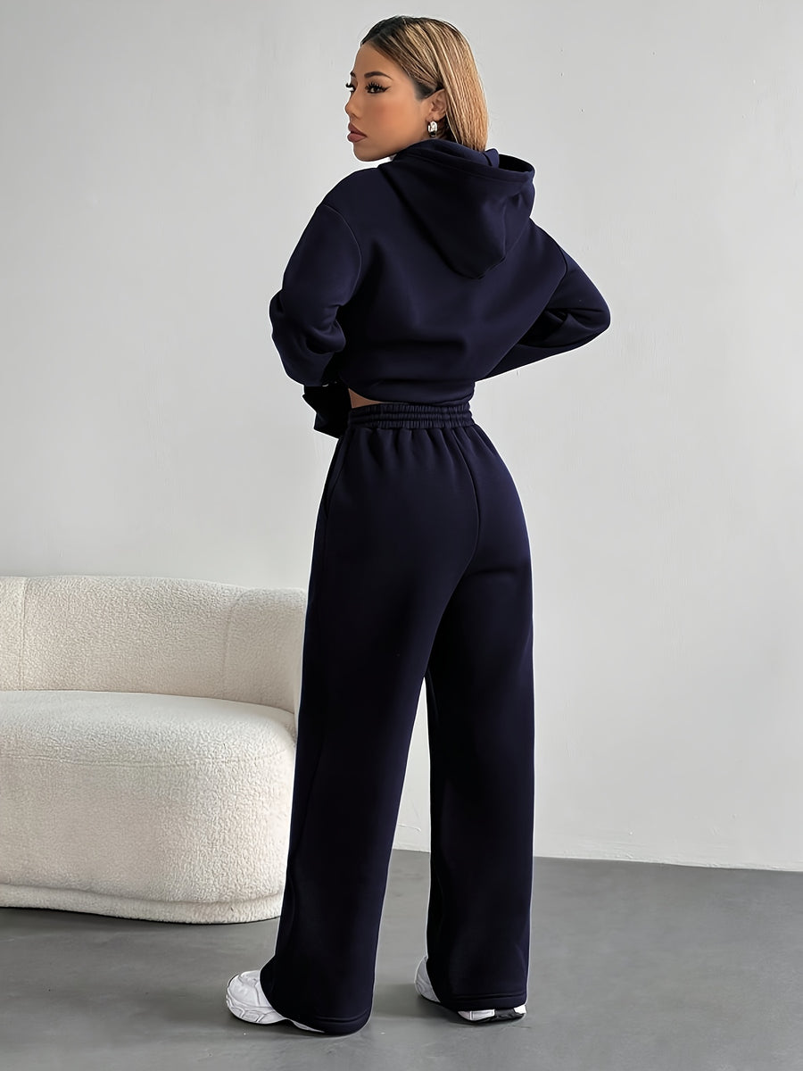 Autumn and Winter Latest Style Women's Hoodie Set, Fashionable and Casual Y Long-sleeve Set - Navy Color