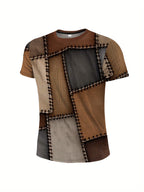 Men's Fashion Digital Print Short-Sleeve T-Shirt, Multi-Color Plaid - Breathable Polyester, Moisture-Wicking, Durable, Machine Washable - Perfect for Casual or Formal Styling - Linen