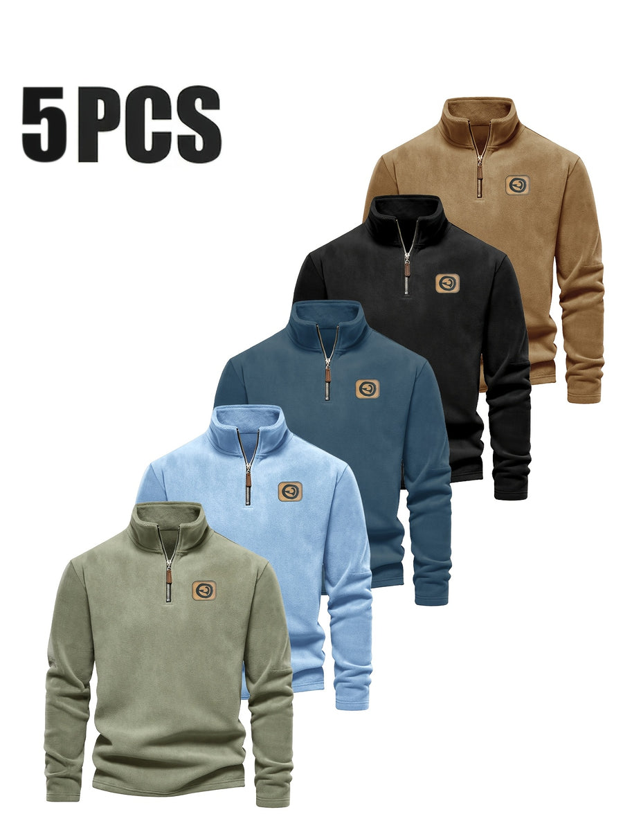 Men's Five-pc Versatile Sweatshirt, Half-Zip Stand Collar Daily Casual Top - Mint Green + Navy Blue + Sky Blue + Black + Orange