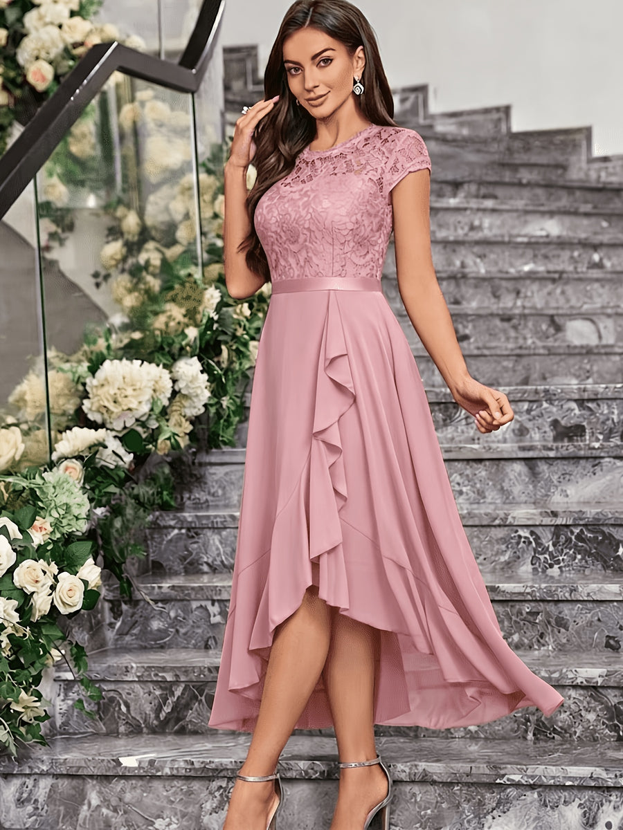Global Latest Style French Christmas Exclusive Women'S Wear Elegant Dress Slim Lace Hollow Out Patchwork Solid Color No Print Wedding Guest Outfit Short Sleeve Round Neck Dress - Pink
