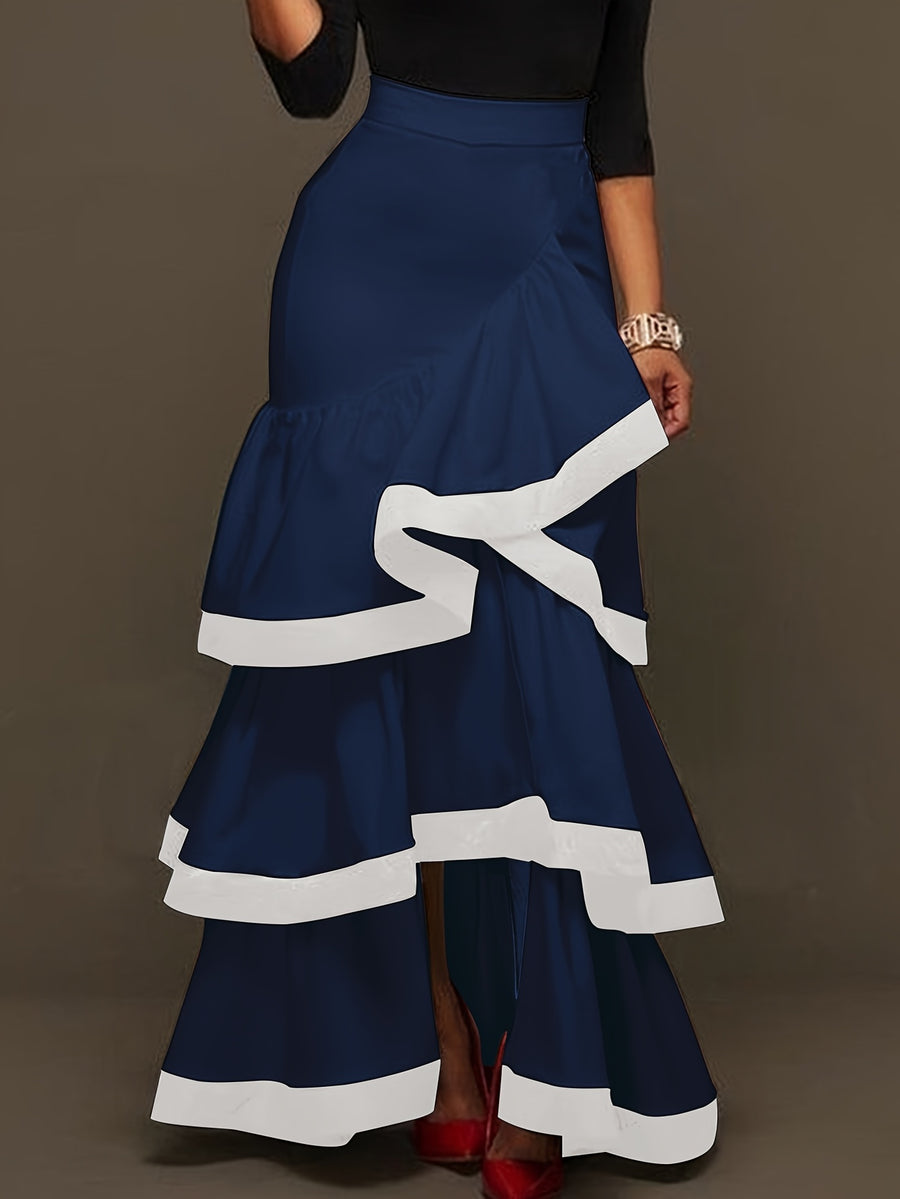 Autumn Versatile Color-Block Elegant Party Gathering Ruffle Hem Women's Skirt - Navy blue color