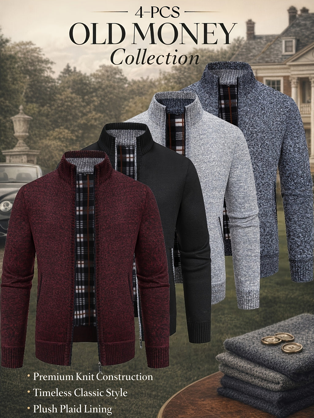 Men'S Cardigan Set from The Old Qian Brand with 4pcs — Made from Premium Knitted Material, Featuring a Classic Design That Is Warm, Fashionable, And Adaptable for Different Events - Dark Gray + Light Gray + Black + Red