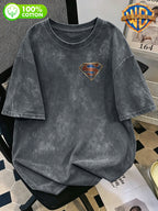 1pc, Men'S 100% Washed "DC Superman Theme Metal Badge Print Casual Short Sleeve T-Shirt" Casual Versatile Loose Summer Round Neck Short Sleeve, Double-Sided Print Front And Back - Suitable for Outdoor Sports, Gym, Daily Wear - Grey