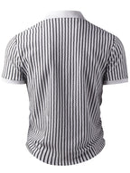 European and American Men's Fashion Black and White Geometric Texture V-Neck Color-Block Short Sleeve Shirt - White
