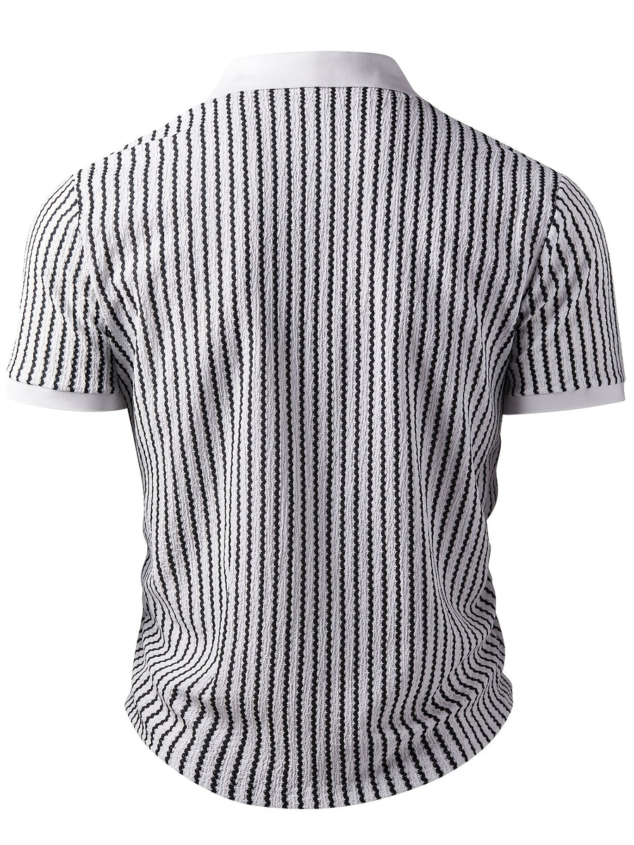 European and American Men's Fashion Black and White Geometric Texture V-Neck Color-Block Short Sleeve Shirt - White