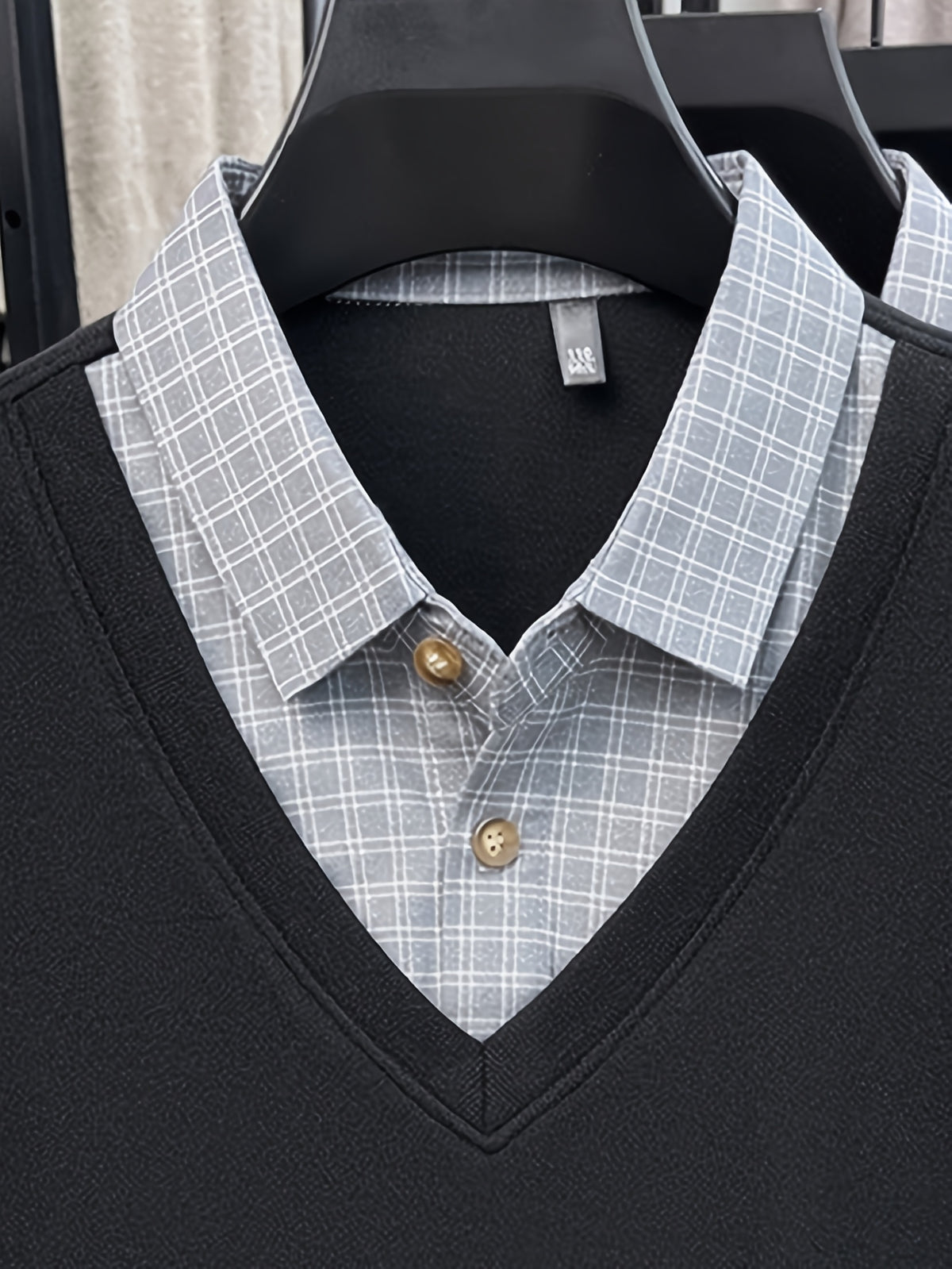 Men'S Plaid Shirt Collar Faux Two-Piece Knit Long Sleeve, Business Casual Fit for Most Body Types, Suitable for Single Wear Or Layering - SINBOS - Jazz Black