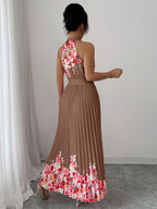 Fashionable New Women'S Summer Halter Floral Print Pleated Dress - Coffee Brown