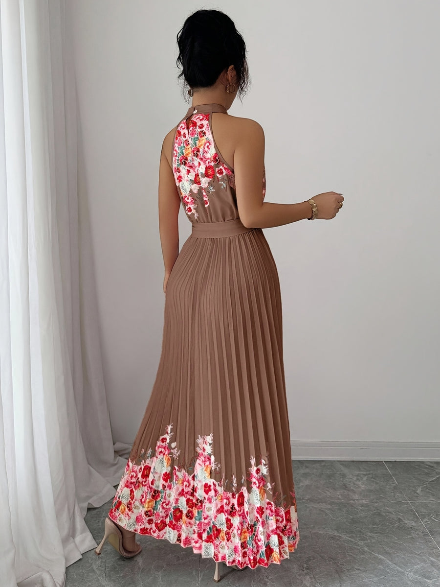 Fashionable New Women'S Summer Halter Floral Print Pleated Dress - Coffee Brown