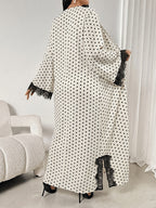 1 Set Women's Contrast Lace Polka Dot Print Hooded Abaya Vacation, Dubai Style. Suitable for Women's Daily Wear, Usable in Spring, Summer, and Autumn. Muslim Abaya, Summer Abaya for Women, Women's Abaya, Muslim Dress, Summer Robe for Women - White