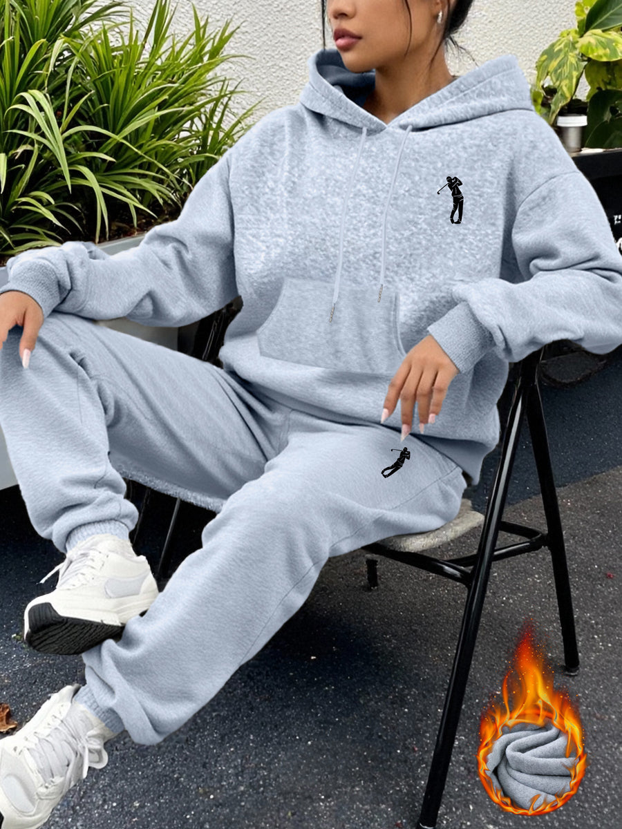 Geometric Print Women'S Fleece-Lined Printed Hooded Sweatshirt + Sweatpants Sportswear Set Autumn And Winter Pullover, Machine Washable Comfortable Top Soft Fabric Daily Versatile, Fleece-Lined Design, 100% - Light Grey