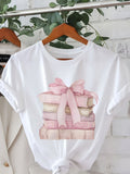 Women's Short Sleeve T-Shirt, Fashionable Book Stacking Bow Pattern Print, Soft Polyester Blend Fabric, Round Neck Casual Spring/Summer Top - White