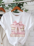 Women's Short Sleeve T-Shirt, Fashionable Book Stacking Bow Pattern Print, Soft Polyester Blend Fabric, Round Neck Casual Spring/Summer Top - White