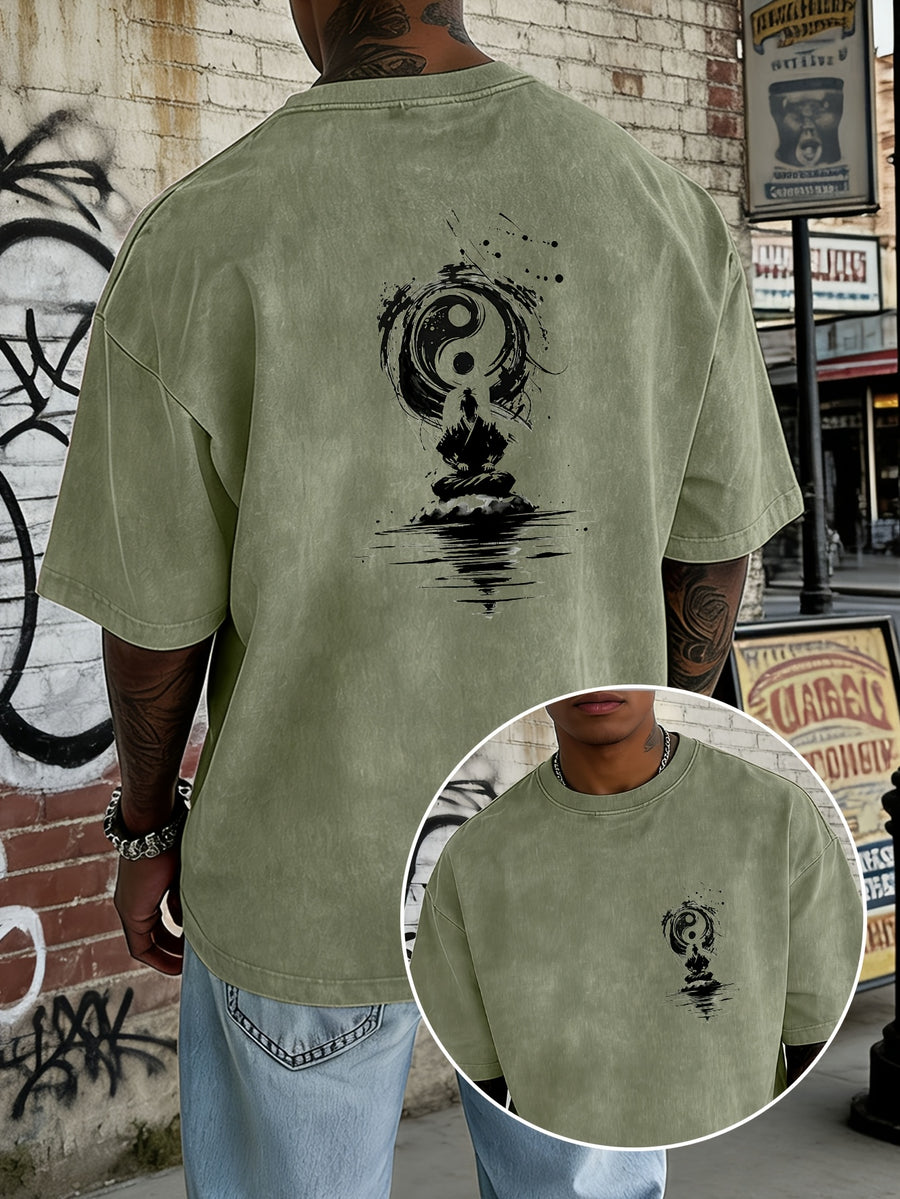 Washed and Distressed Pure Cotton Short-sleeve T-shirt with Trendy Double-sided Print Featuring Tai Chi, Zen, and Meditating Ink Wash Art. Available in 12 Colors for Mix-and-match Styling. Loose-fit Men's Top in High Street Y2K Style - Olive Green