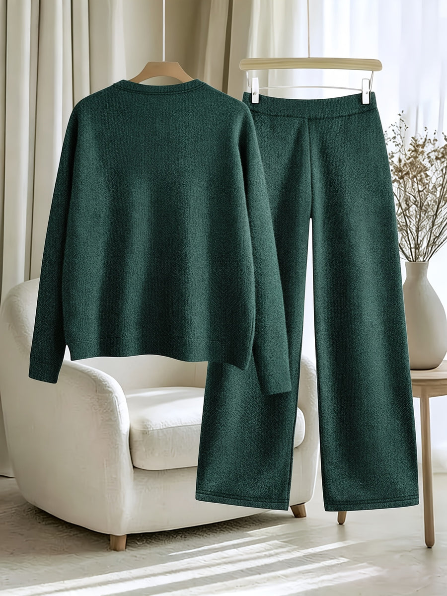 New Arrival Women'S Fall Winter Thick 2pcs Outfit, Printed Loose Crew Neck Faux Pullover Top Straight Leg Pants Set, Fashion Casual Long Sleeve Warm Sweater Matching Set, Soft Washable Loungewear for Home Outdoor Wear - Dark Green