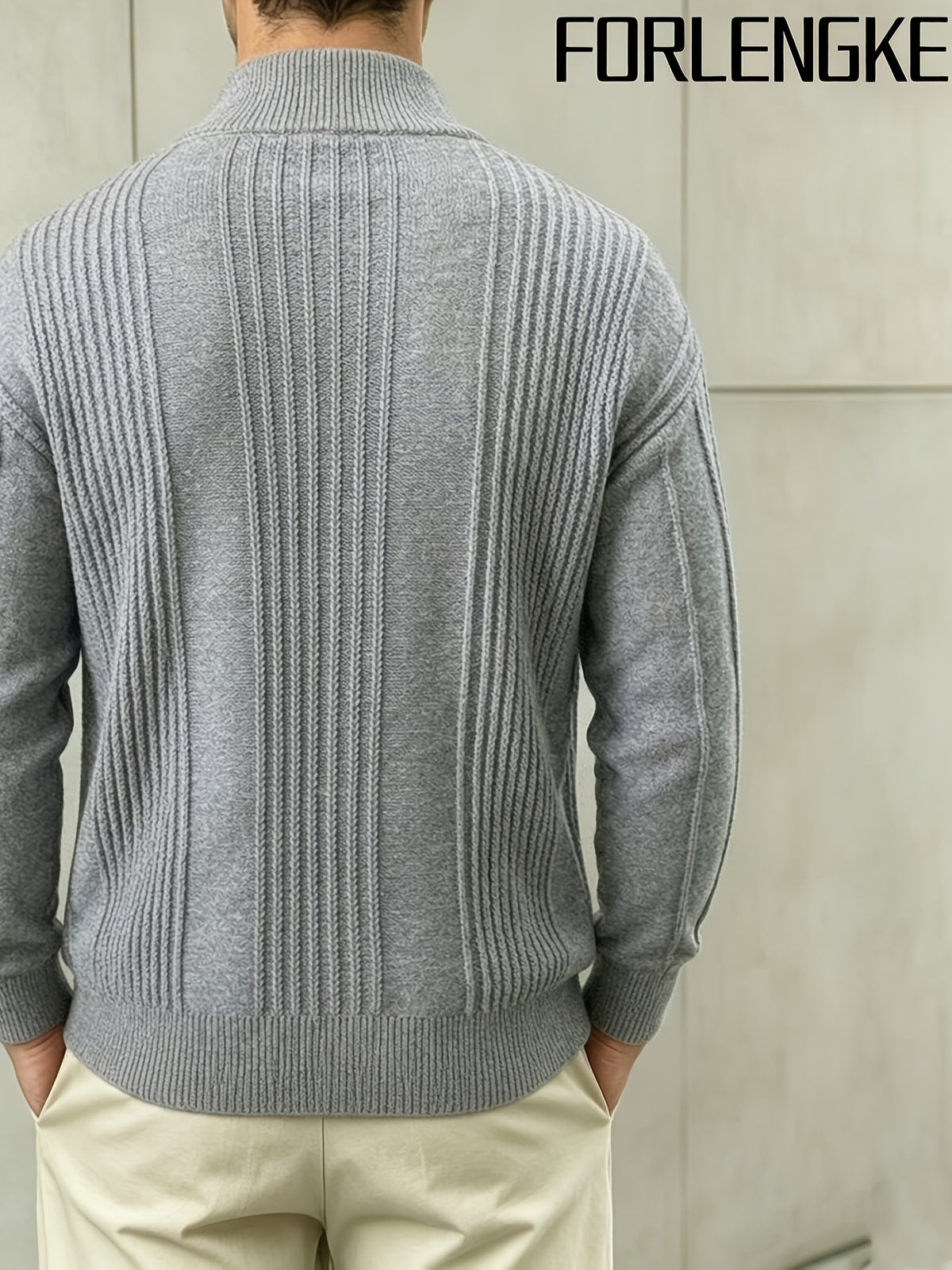 FORLENGKE Early Autumn New Arrival Men's Italian-Style Minimalist Formal Knit Stand Collar Cardigan, Zipper Open Front for Layering with Inner Wear, Autumn/Winter Golf, Casual, Office Commute, Shopping, Market Strolling, Daily Wear Top - Grey