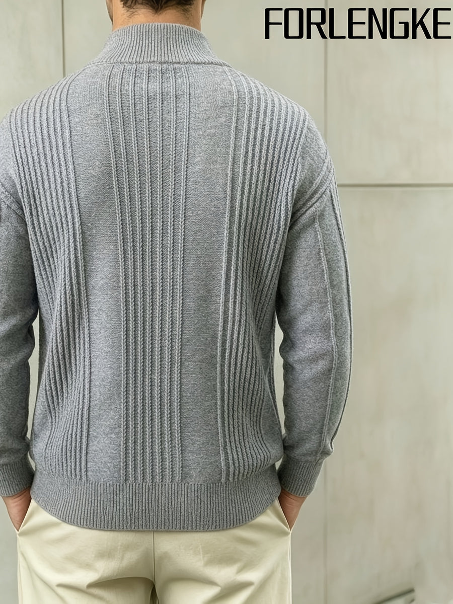 FORLENGKE Early Autumn New Arrival Men's Italian-Style Minimalist Formal Knit Stand Collar Cardigan, Zipper Open Front for Layering with Inner Wear, Autumn/Winter Golf, Casual, Office Commute, Shopping, Market Strolling, Daily Wear Top - Grey