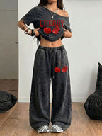 Trendy Red Cherry Letter Print New Spring/Summer Casual Jersey Sportswear, Street Sport Style Washed Off-Shoulder T-Shirt and Long Pants 2pcs Set, Washed Outfit, American Street Academic Style - Black