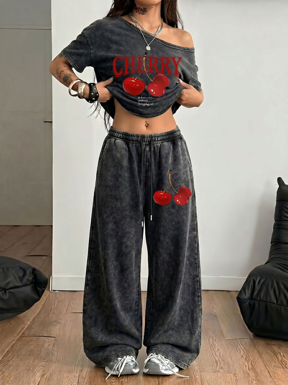 Trendy Red Cherry Letter Print New Spring/Summer Casual Jersey Sportswear, Street Sport Style Washed Off-Shoulder T-Shirt and Long Pants 2pcs Set, Washed Outfit, American Street Academic Style - Black