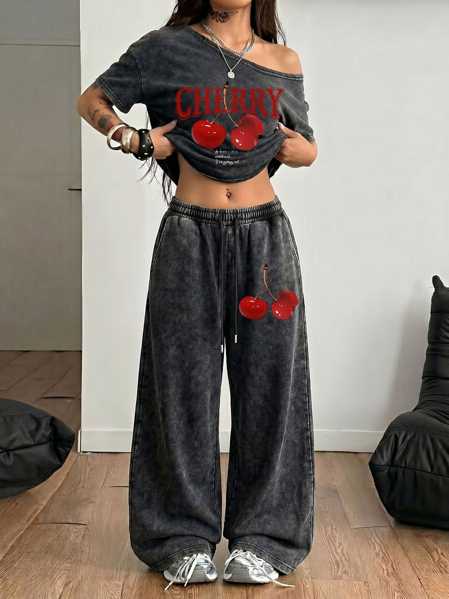 Trendy Red Cherry Letter Print New Spring/Summer Casual Jersey Sportswear, Street Sport Style Washed Off-Shoulder T-Shirt and Long Pants 2pcs Set, Washed Outfit, American Street Academic Style - Black