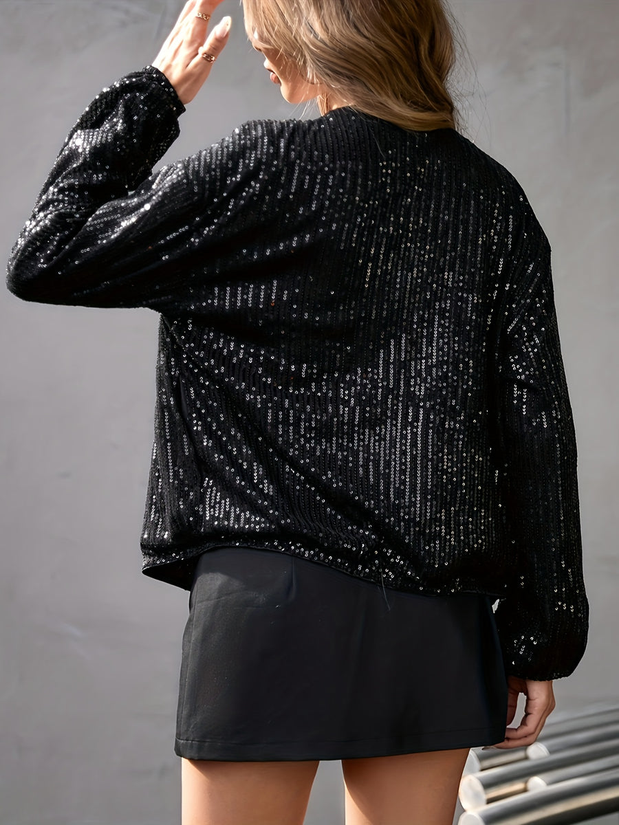 Sequin Decor Zip-up Jacket, Stylish Long Sleeve Jacket For Party & Club, Women's Clothing - Black