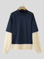 Men'S Lightweight Casual Pullover with Color Block Patchwork, Featuring Long Sleeves And a Crew Neck, Perfect for Daily Street Wear - Navy Color