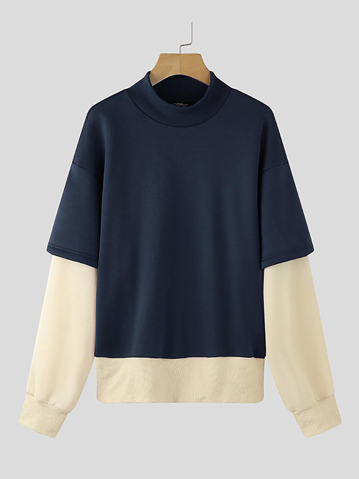 Men'S Lightweight Casual Pullover with Color Block Patchwork, Featuring Long Sleeves And a Crew Neck, Perfect for Daily Street Wear - Navy Color