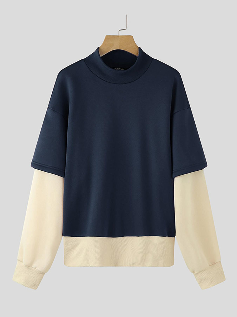Men'S Lightweight Casual Pullover with Color Block Patchwork, Featuring Long Sleeves And a Crew Neck, Perfect for Daily Street Wear - Navy Color