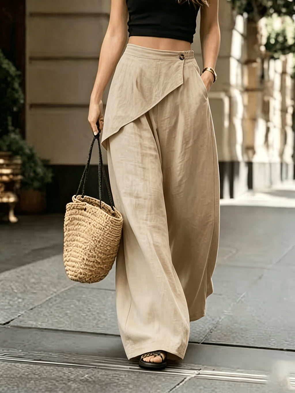Loose Pocket Wide-Leg Pants with Bamboo Texture Design, Asymmetrical Cut And Elastic Waistband, Exuding Elegant Fashion. Suitable for Spring, Summer, Autumn, And Winter, Ideal for Vacations, Easter, Holidays, Beach, Mother'S Day, Graduation - Khaki