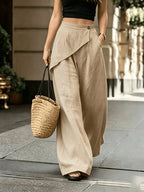 Loose Pocket Wide-Leg Pants with Bamboo Texture Design, Asymmetrical Cut And Elastic Waistband, Exuding Elegant Fashion. Suitable for Spring, Summer, Autumn, And Winter, Ideal for Vacations, Easter, Holidays, Beach, Mother'S Day, Graduation - Khaki