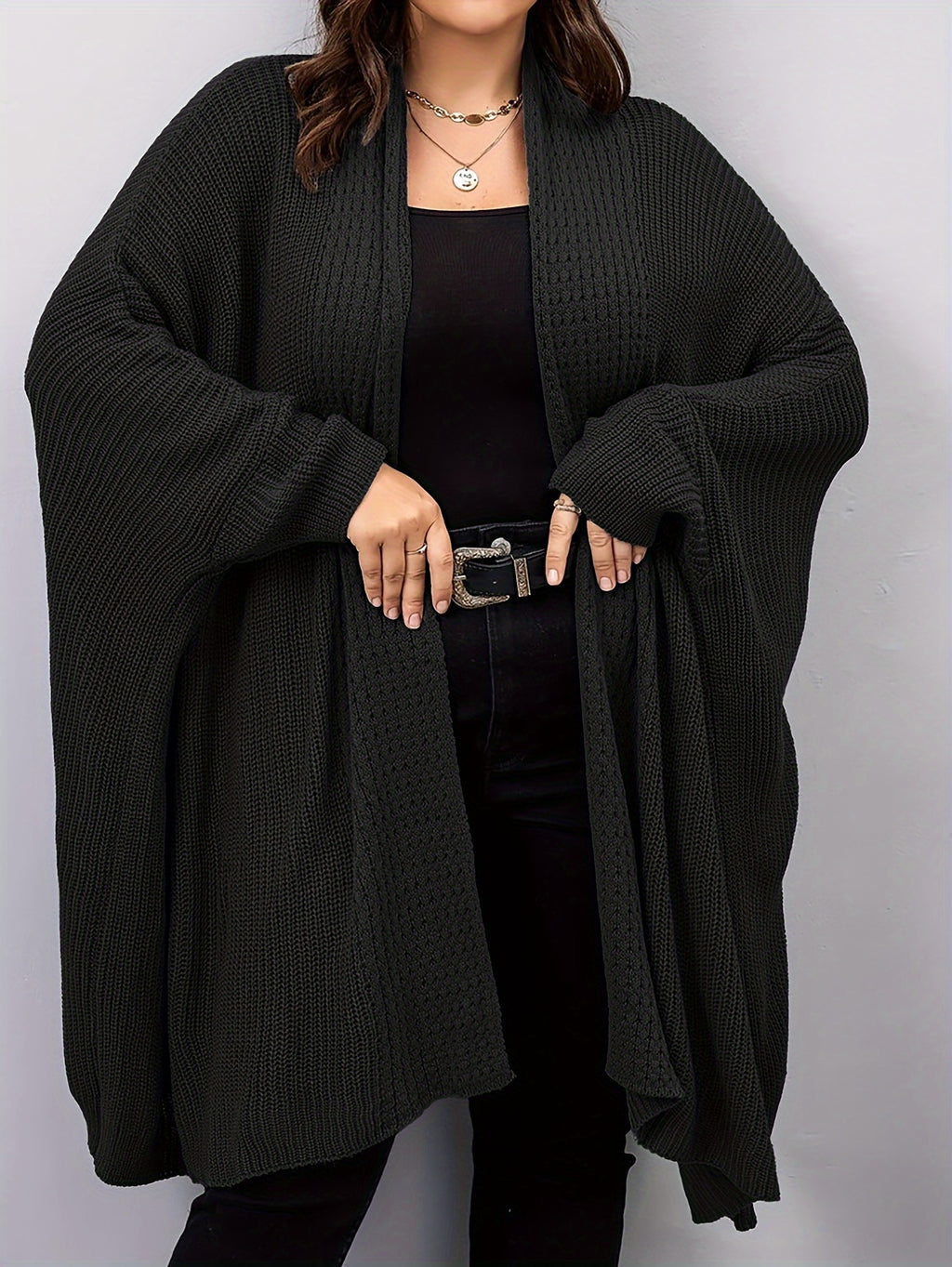 Plus Size, Plus Size Women's Batwing Sleeve Solid Open Front Cardigan - Black