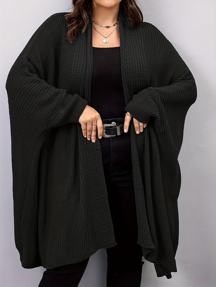 Plus Size, Plus Size Women's Batwing Sleeve Solid Open Front Cardigan - Black