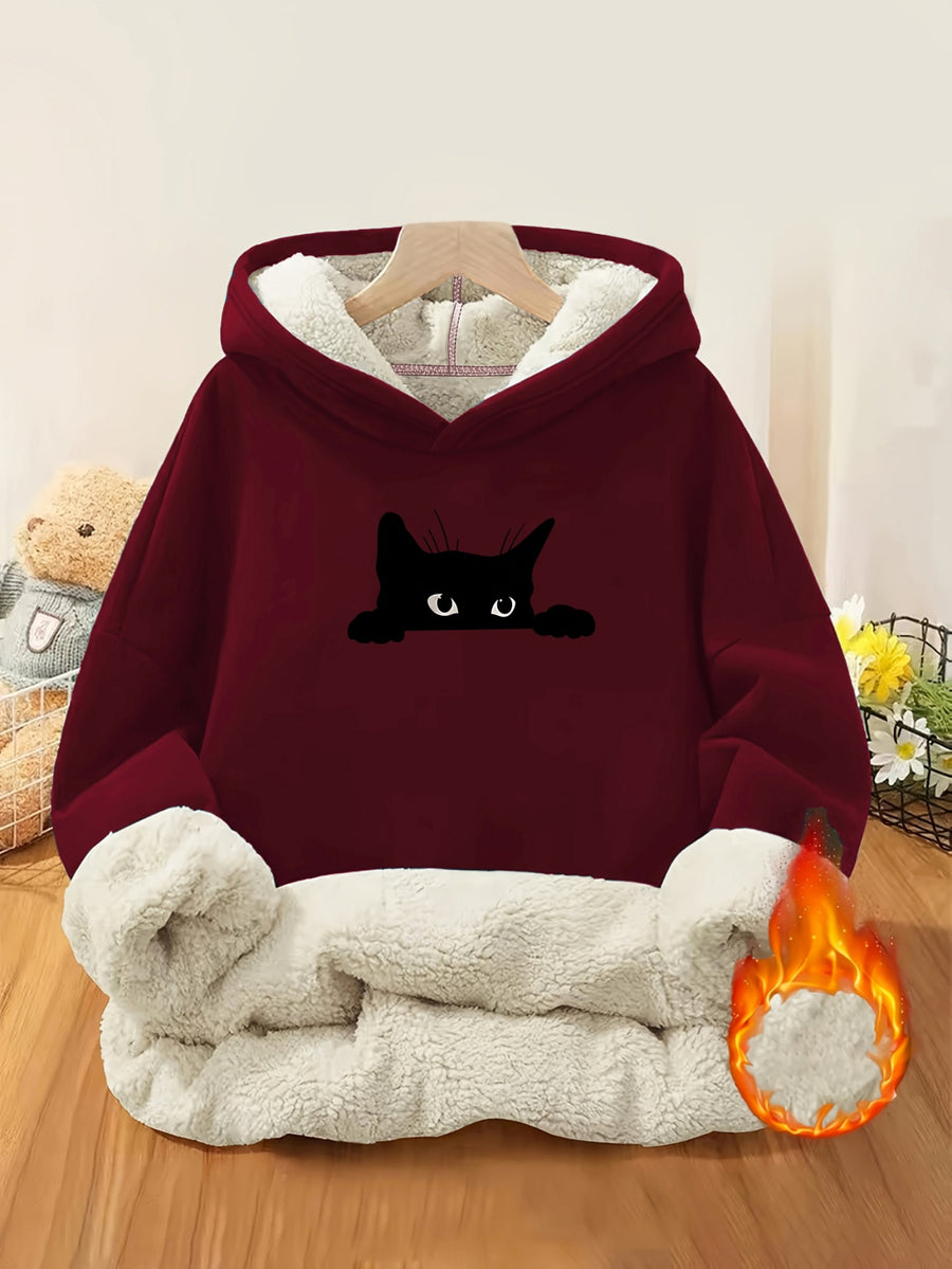 Women's -Lined Thermal Printed Hooded Sweatshirt, Heavyweight Thickened Warm Skin-Friendly Plush Lining, Peeking Little Black Cat Print, for,, Office Workers, Home, Strolling, Shopping, Outings, Gentle, Casual, Versatile, Cold-Proof and Warm Hoodie - Burgundy