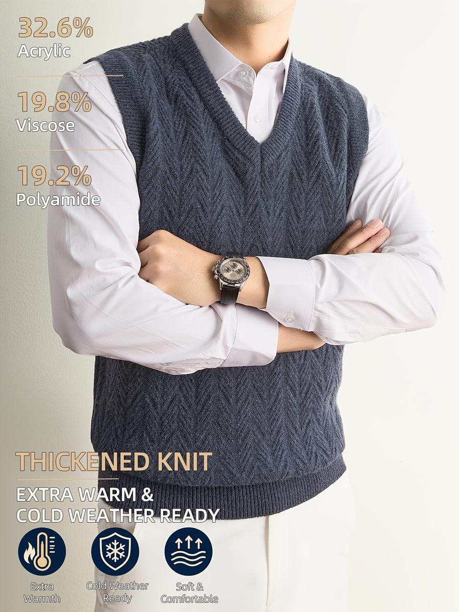 Men's Autumn & Winter Knitted Sweater Vest, Classic V-Neck with Raised Herringbone Texture, Thick & Warm, Timeless Refined Style for Work, Casual Wear, Outdoor Activities & Camping, Ideal Gift for Dad or Husband - Dark Gray