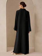Women'S Ruched Middle Eastern Muslim Elegant Solid Color Patchwork Neckline A-Line Abaya - Black